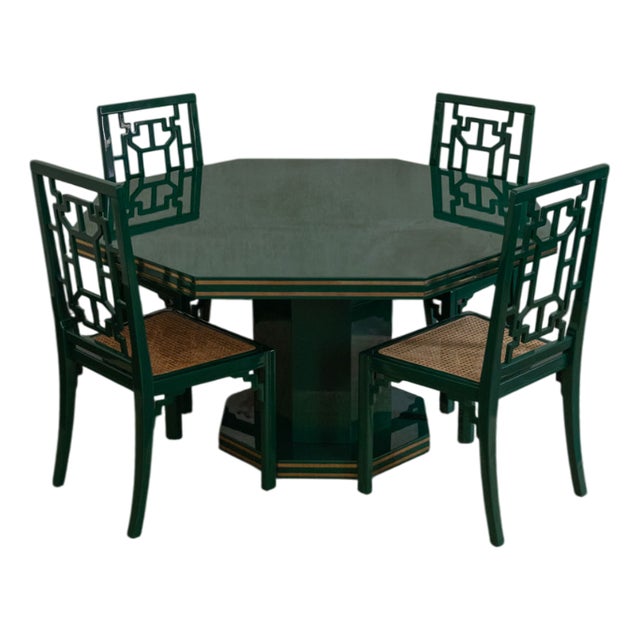 Green Lacquered Wood Dining Table and Chairs, 1970s, Set of 5 For Sale
