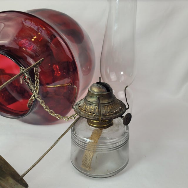 Antique Ruby Red Glass Hanging Oil Lamp Macbeth Pearl Glass Chimney Brass Trim For Sale - Image 4 of 13
