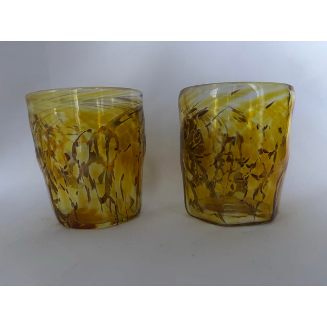 Glass Vintage Murano Goti De Fornasa Amber Yellow & Brown Swirl Art Glass Tumblers — Pair For Sale - Image 7 of 12