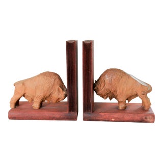Vintage Buffalo Carved Wood Bookends For Sale