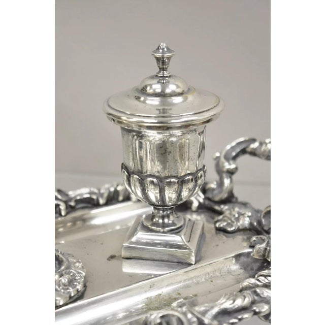 Vintage French Renaissance Silver Plated Figural Italian Inkstand Desk Inkwell For Sale - Image 11 of 12
