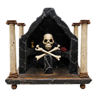 An Unusual Memento Mori Handcarved and Painted Shrine With Skull and Bones For Sale