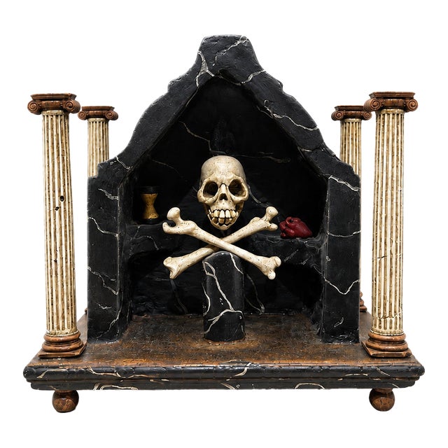 An Unusual Memento Mori Handcarved and Painted Shrine With Skull and Bones For Sale