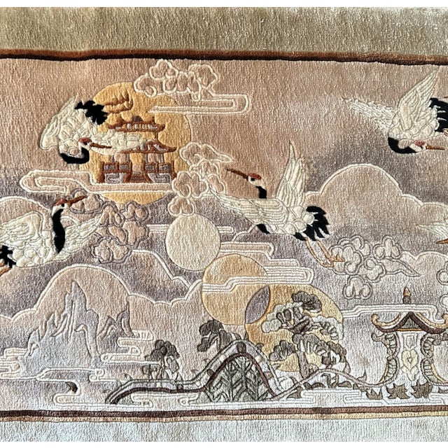 Vintage Silk Rug Tapestry – Six Cranes Design With Fringe For Sale - Image 4 of 12