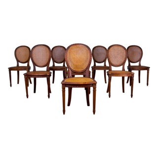 Antique French Louis XVI Style Walnut Caned Dining Chairs - Set of 9 For Sale