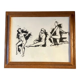 Contemporary Stephen Heigh Abstract Drawing/Painting 3 Abstract Nude Female Figures Oak Vintage Frame For Sale