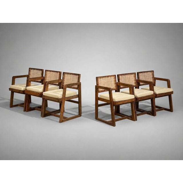 Pierre Jeanneret, French Mid-Century Modern, Six Dining Armchairs, Teak, Cane, Chandigarh, India c. 1960s Rare and...
