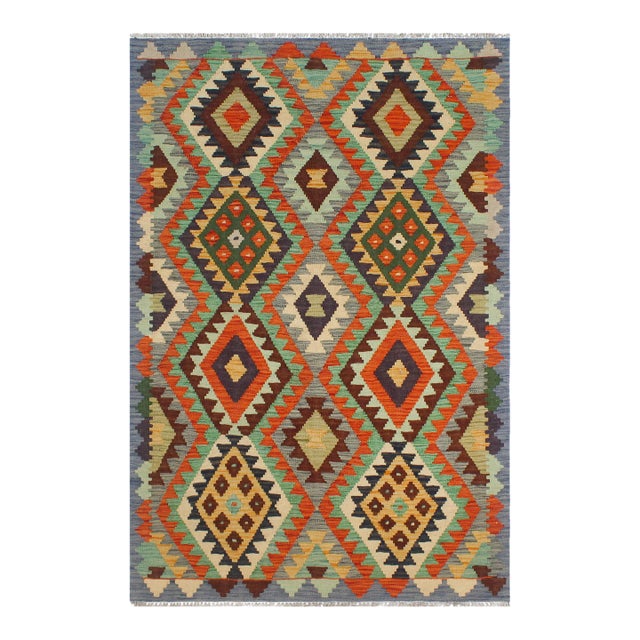Tribal Kilim Rust Blue Wool Rug - 3'3" X 4'11" For Sale
