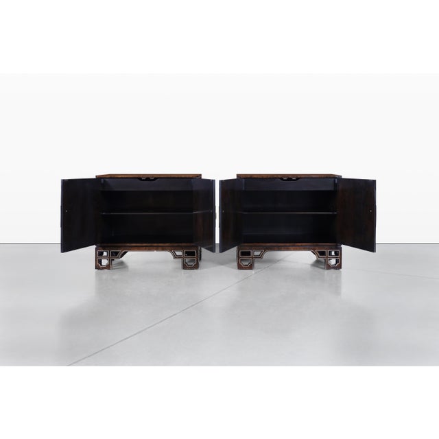 1970s Vintage Asian-Style Burl Wood and Brass Cabinets by Mastercraft, a Pair For Sale - Image 5 of 13