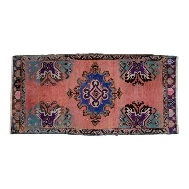 1970s Front of Kitchen Sink Rug Hand Made Small Turkish Rug Bath Mat Faded Mini Rugs 1'8" X 3'6" For Sale