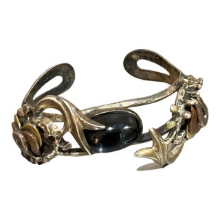 Juan Sandoval Vasquez Style Taxco Mexico Sterling Silver Cuff Bracelet W/ Onyx and Copper For Sale