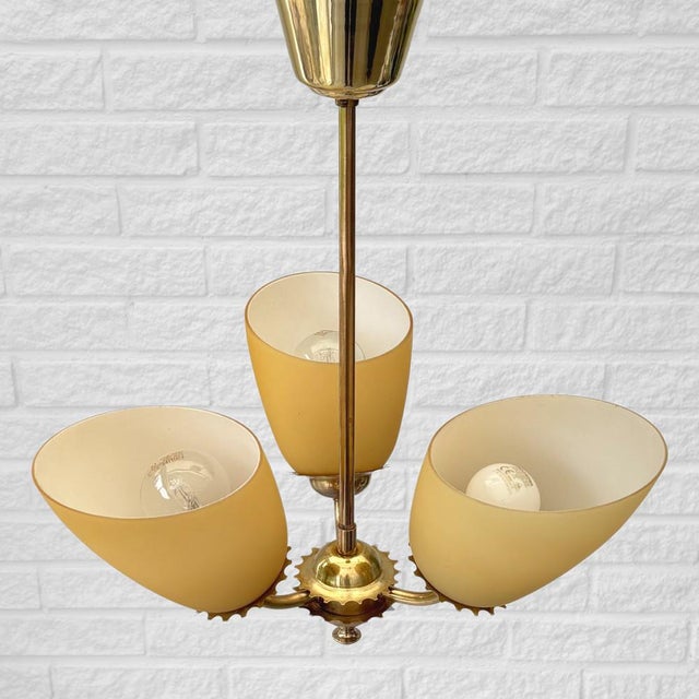 Metal Scandinavian 3-Arm Chandelier in Brass and Yellow Glass, Sweden, 1940s For Sale - Image 7 of 10