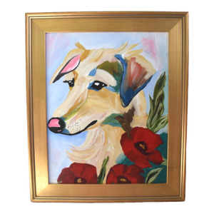 Bold Impressionist Collie Dog Painting Including the Antiqued Gold Wood Frame
