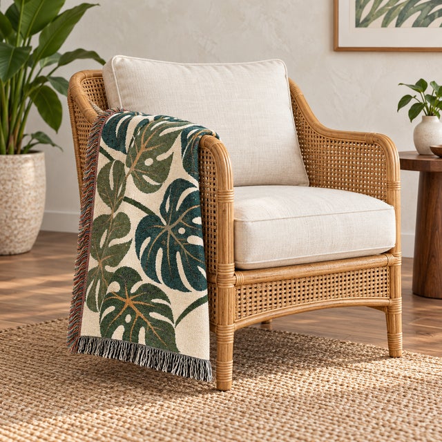 Contemporary Monstera Leaf Botanical Woven Throw Blanket – 60 × 50 For Sale - Image 3 of 5