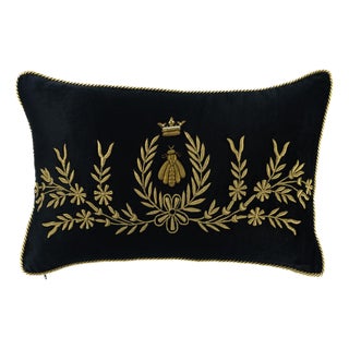Black Bee Embroidered Velvet Throw Pillow Cover, 12 X 20 For Sale
