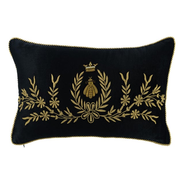 Black Bee Embroidered Velvet Throw Pillow Cover, 12 X 20 For Sale