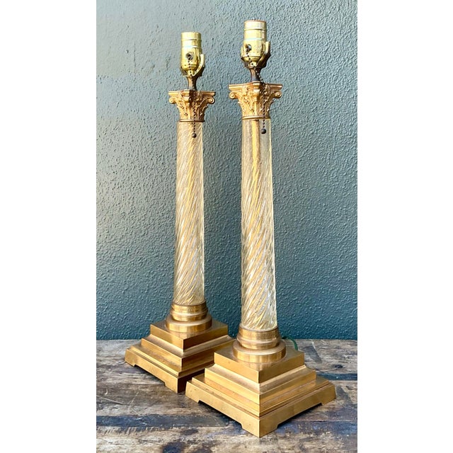 Wood Vintage Neoclassical Twisted Glass Lamps - A Pair For Sale - Image 7 of 12