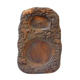 Chinese Wood Calligraphic Ink Pad With Hand Carved Dragon And Turtle For Sale