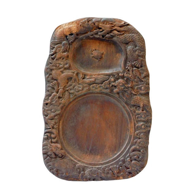 Chinese Wood Calligraphic Ink Pad With Hand Carved Dragon And Turtle For Sale