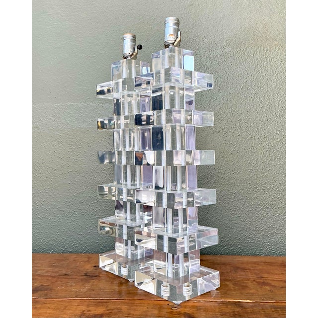 Vintage Stacked Lucite Blocks Lamps - A Pair For Sale - Image 9 of 12