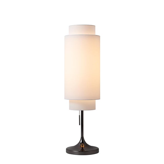 Lollipop Table Lamp - Black Nickel, White Linen Double Shade, on/Off Pull Chain For Sale In Los Angeles - Image 6 of 15