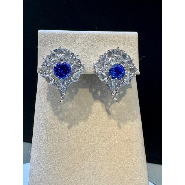 3.6 Ct Round Tanzanite & 3.6 Ct Rose Cut Diamond Post Earrings in 18 Karat Gold 3.6 Ct natural Tanzanite and 3.6 ct of...