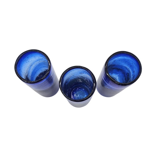 Traditional Mexican Hand Blown Cobalt Bubble Glass Tumblers – Set of 3 Artisan Vintage For Sale - Image 3 of 5
