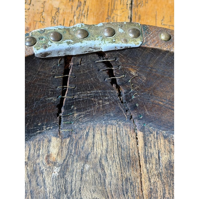 Wood Antique Primitive Hand-Carved Wooden Bowl With Folk Art Wire Stitching and Brass Studded Rim For Sale - Image 7 of 9