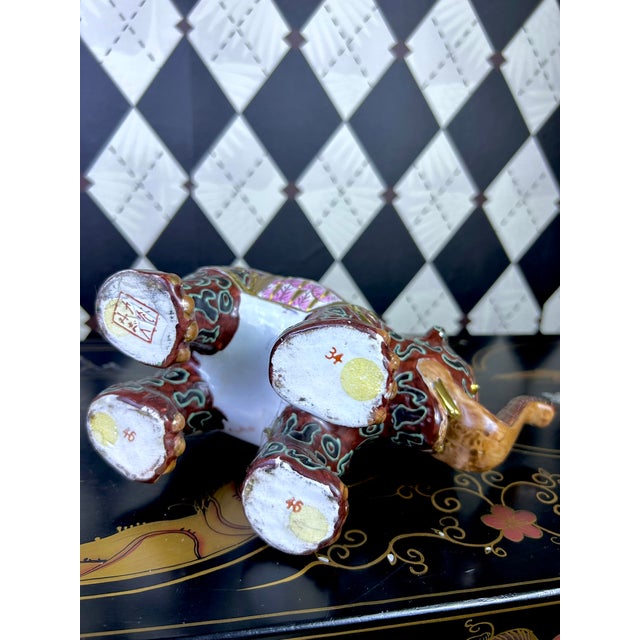 1980s 1980's Pair Decorative Ceramic Elephant Figurines in Burgundy, Pink & Gold Chinoiserie, Export Marks For Sale - Image 5 of 16