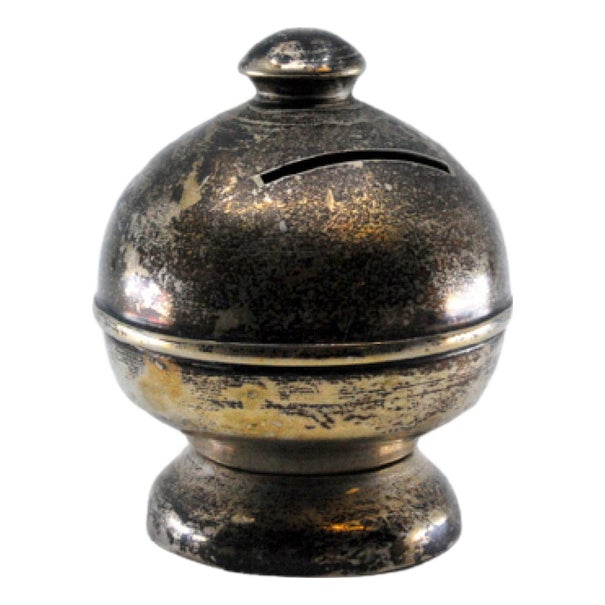 Smooth Silver Piggy Bank with Filled Bottom and Knob on Top For Sale