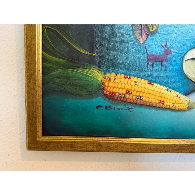 Late 20th Century Textured Signed Oil Painting Still Life, Folk Art Pottery Corn Adobe Scene Art For Sale - Image 10 of 13