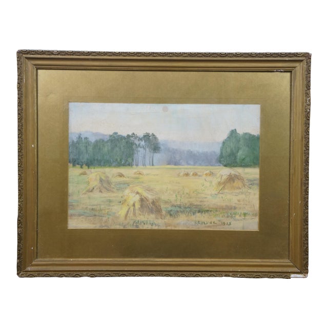 1913 Antique Emily Hyde Indiana Country Hay Field Pastel Landscape Painting 27" For Sale