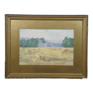 1913 Antique Emily Hyde Indiana Country Hay Field Pastel Landscape Painting 27"