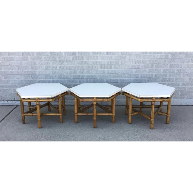 Mid 20th Century John Wisner for Ficks Reed Hexagonal Coffee Tables - Set of 3 For Sale - Image 9 of 12