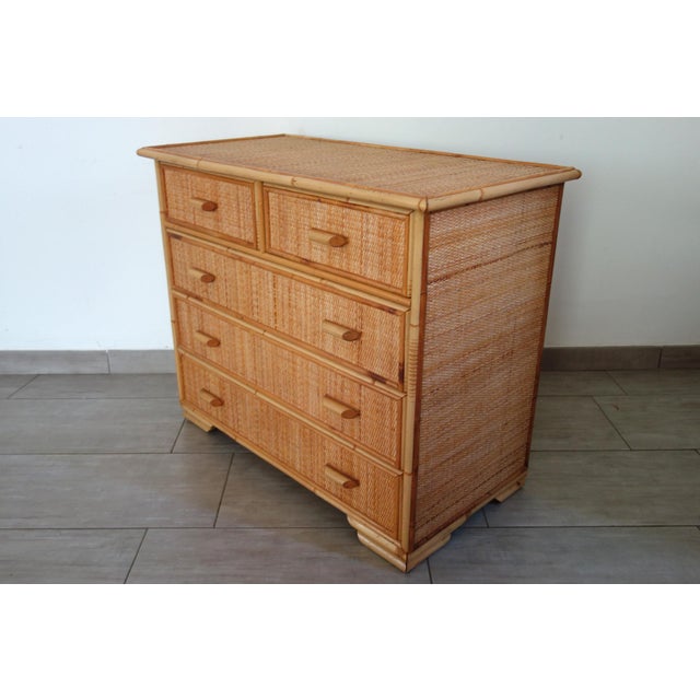 Five-Drawer Chest of Drawers in Wicker and Bamboo, 1970s For Sale - Image 3 of 18