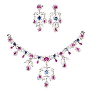 Certified Natural 31CTS VS F Diamond Ruby Sapphire 18K Solid Gold Necklace Earrings Set, set of 3 For Sale