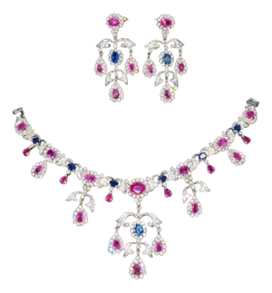 Certified Natural 31CTS VS F Diamond Ruby Sapphire 18K Solid Gold Necklace Earrings Set, set of 3