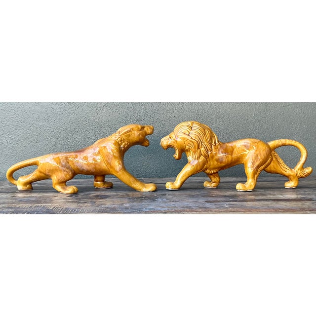 Mid-Century Modern Vintage Boho Glazed Ceramic Lions - Set of 2 For Sale - Image 3 of 7