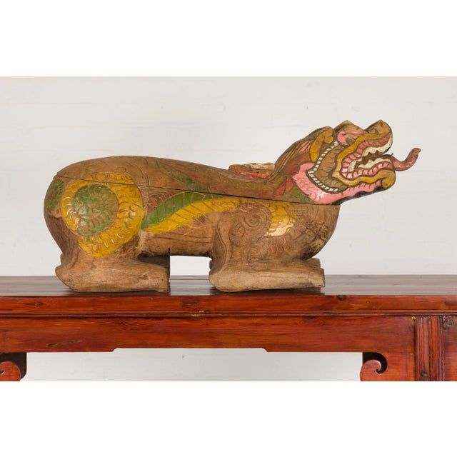 Asian Thai 1900s Reclining Guardian Lion Carved Prayer Box with Polychrome Décor For Sale - Image 3 of 13