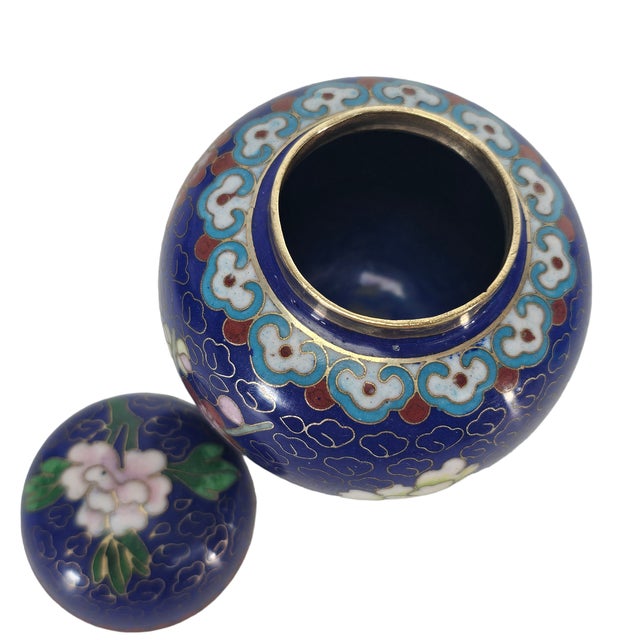 Metal Vintage Chinese Cloisonné Floral Ginger Jar, Cobalt Blue, 3.5" For Sale - Image 7 of 9