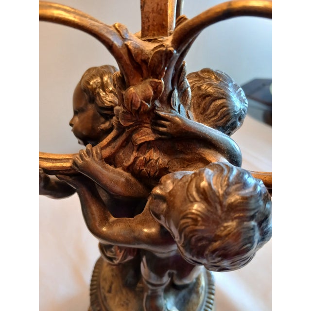 Bronze Antique Brass, Bronze, and Marble Cherub Bouillotte Lamp For Sale - Image 8 of 18