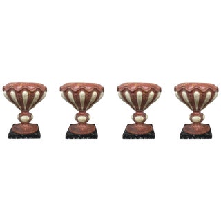 Set of Four Aged Pink Marble Hand Carved Planters With Serpentine White Inlays For Sale