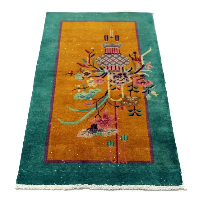 Vintage Chinese Art Deco Rug | Gold & Green Colors | Small Floral Rugs For Sale - Image 4 of 8