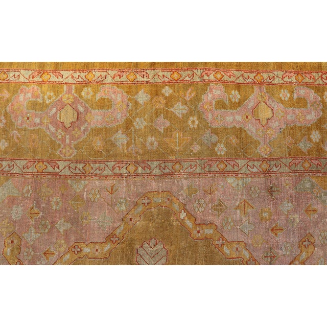 Squared Shape Antique Oushak Rug in Green, Marigold, Cream and Pink Color For Sale - Image 13 of 17