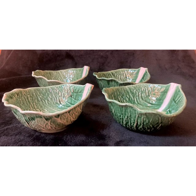 Mid-Century Modern Vintage Secla Portugal Majolica Green Cabbage Leaf Cereal/Soup Bowls-Set of 4 For Sale - Image 3 of 5