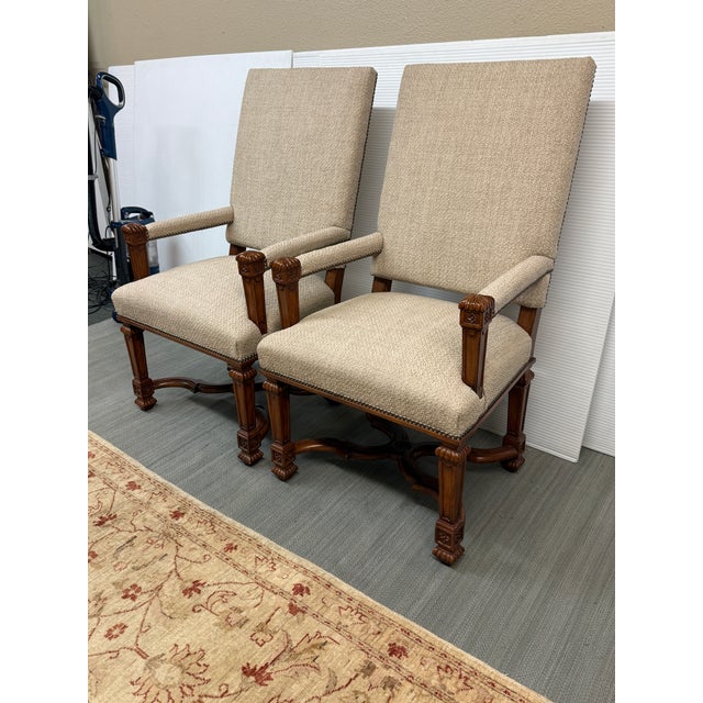 Traditional Charles Pollock Reproductions Carved Wood High-Back Armchairs, Pair For Sale - Image 3 of 12