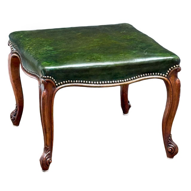 French Ottoman or Stool of Emerald Green Leather on Cabriole Legs For Sale - Image 9 of 15