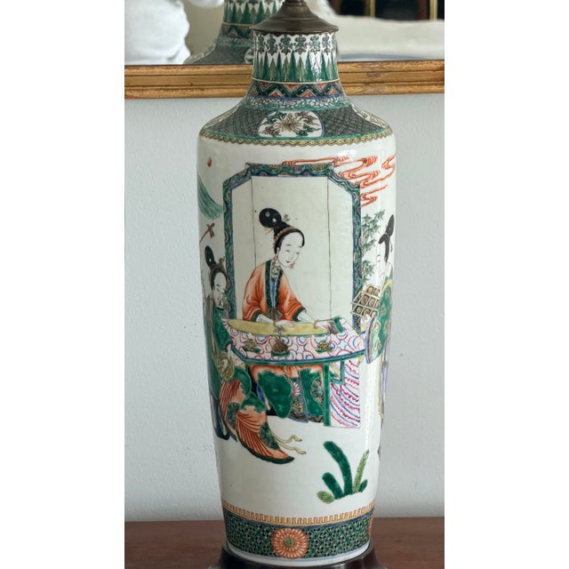 Ceramic Monumental Late 19th Century Chinese Famille Verte Porcelain Rouleau Vases Set as Lamps Pair For Sale - Image 7 of 12