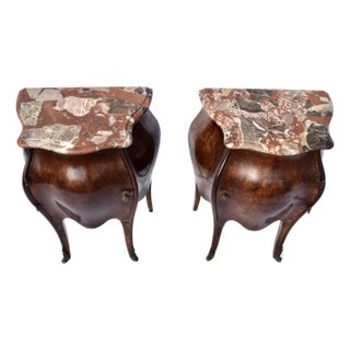 Italian Burl Wood Bombe Nightstands, Breccia Marble Tops, 19th Century For Sale