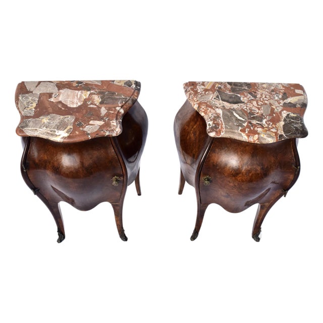 Italian Burl Wood Bombe Nightstands, Breccia Marble Tops, 19th Century For Sale